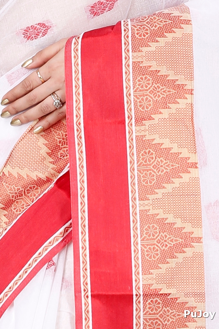 White Red Pure Cotton Sadasob Tant Saree (1028)