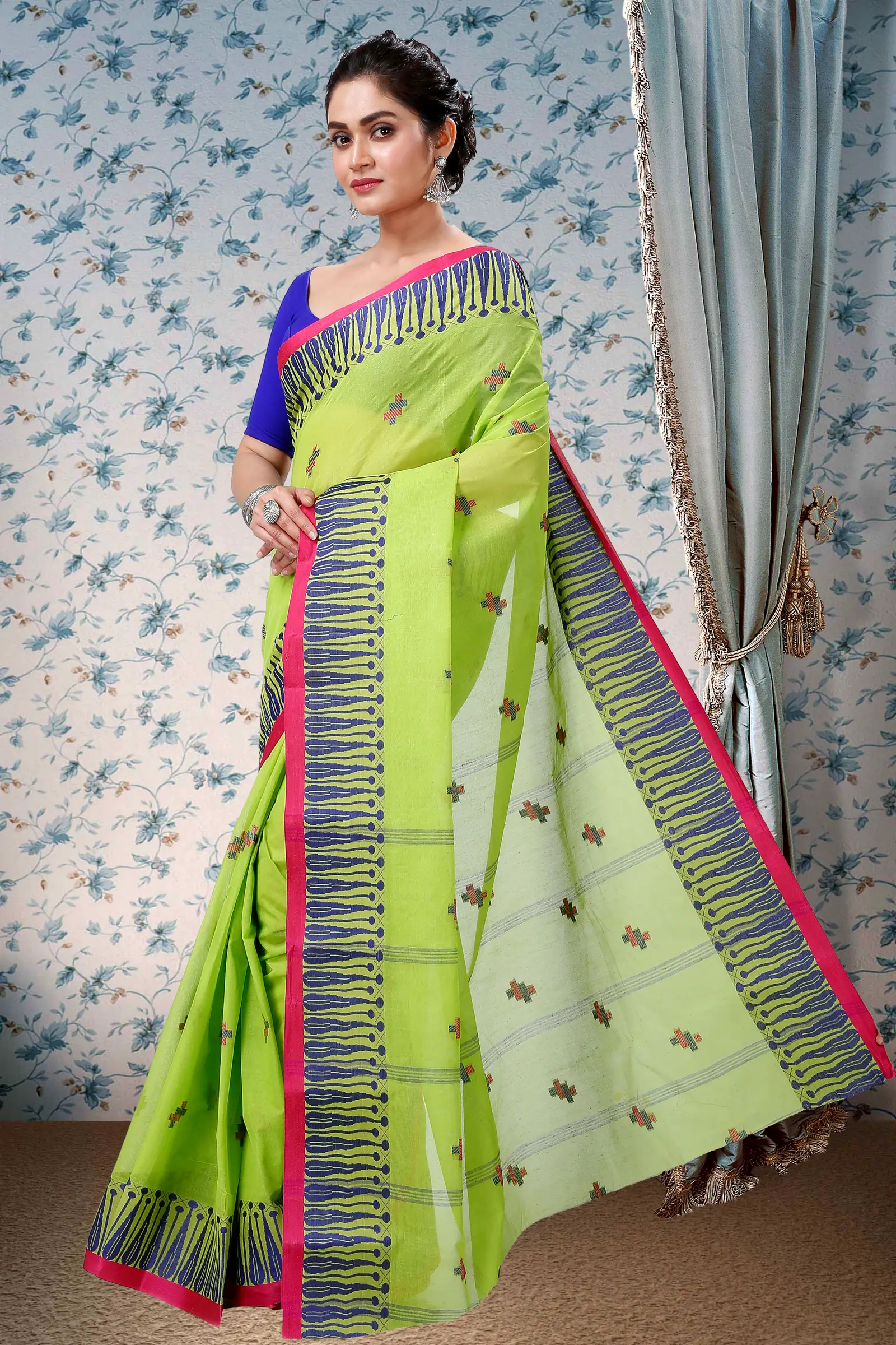 Olive Green Pure Cotton Simar Tant Saree (1037)