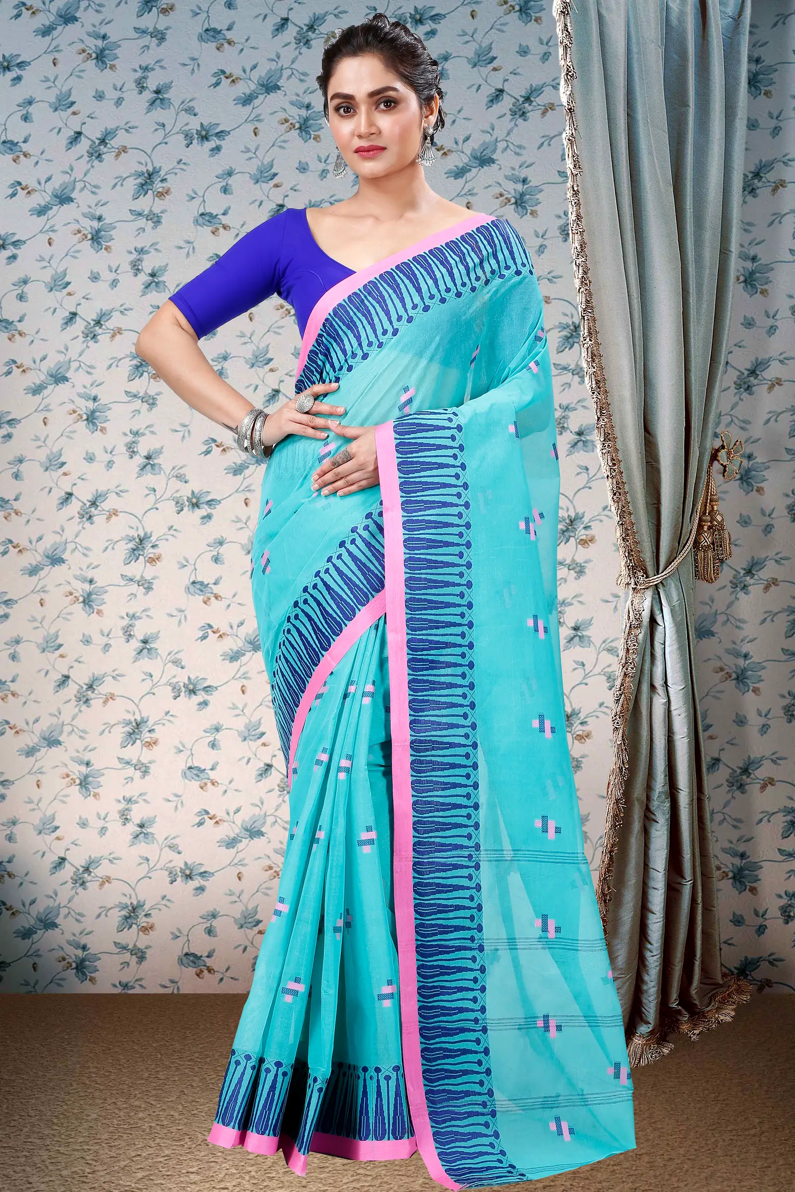 See Green Pure Cotton Simar Tant Saree (1039)