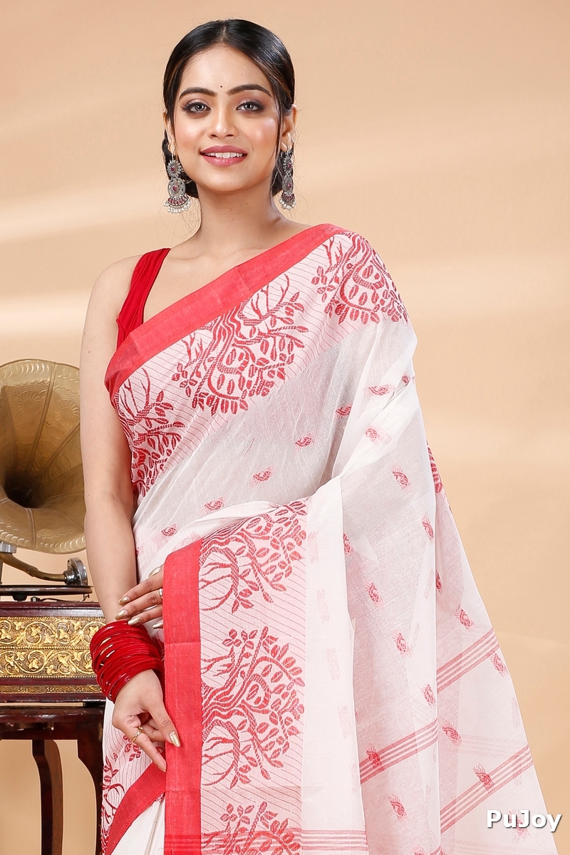 White Pure Cotton Somaya Tant Saree (1045)