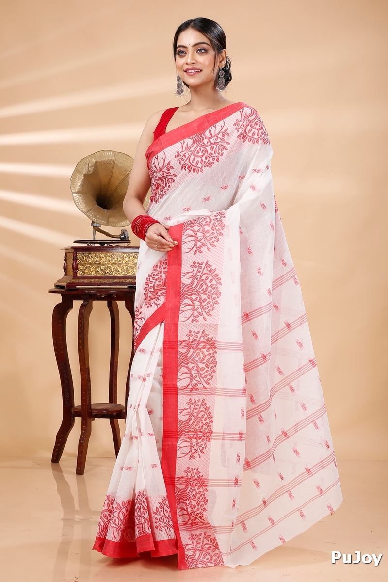 White Pure Cotton Somaya Tant Saree (1045)