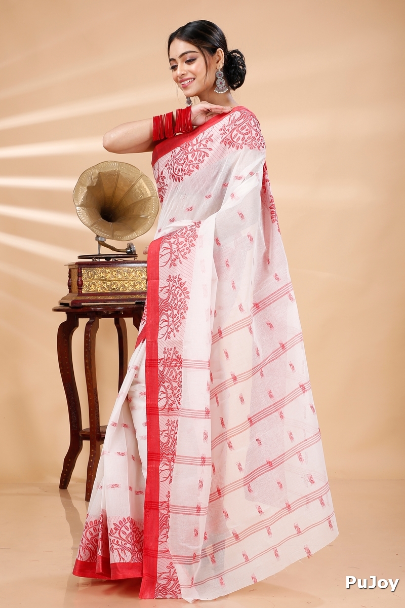 White Pure Cotton Somaya Tant Saree (1045)