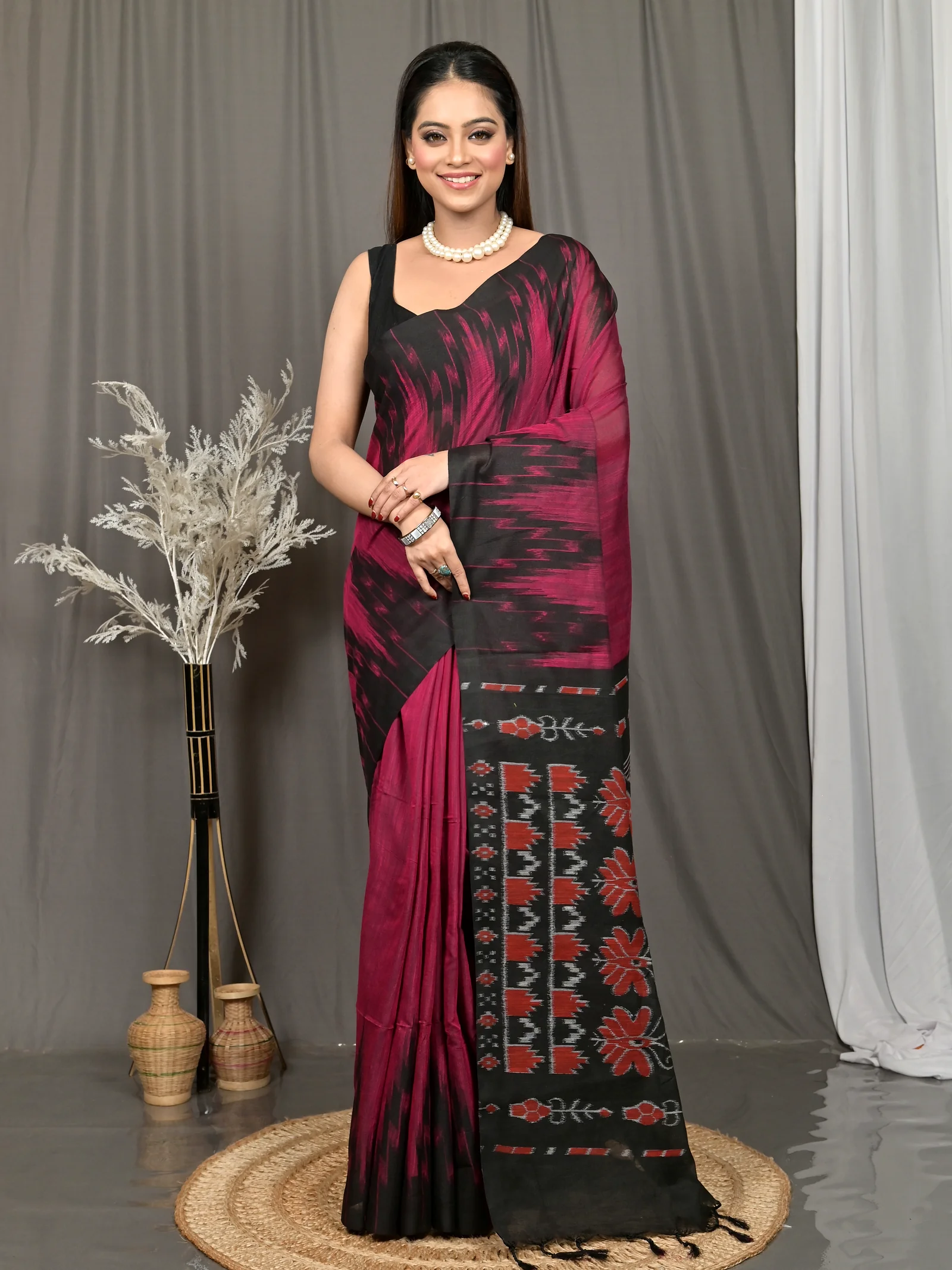 Maroon Black Cotton Soupur Kotki Saree  (106)