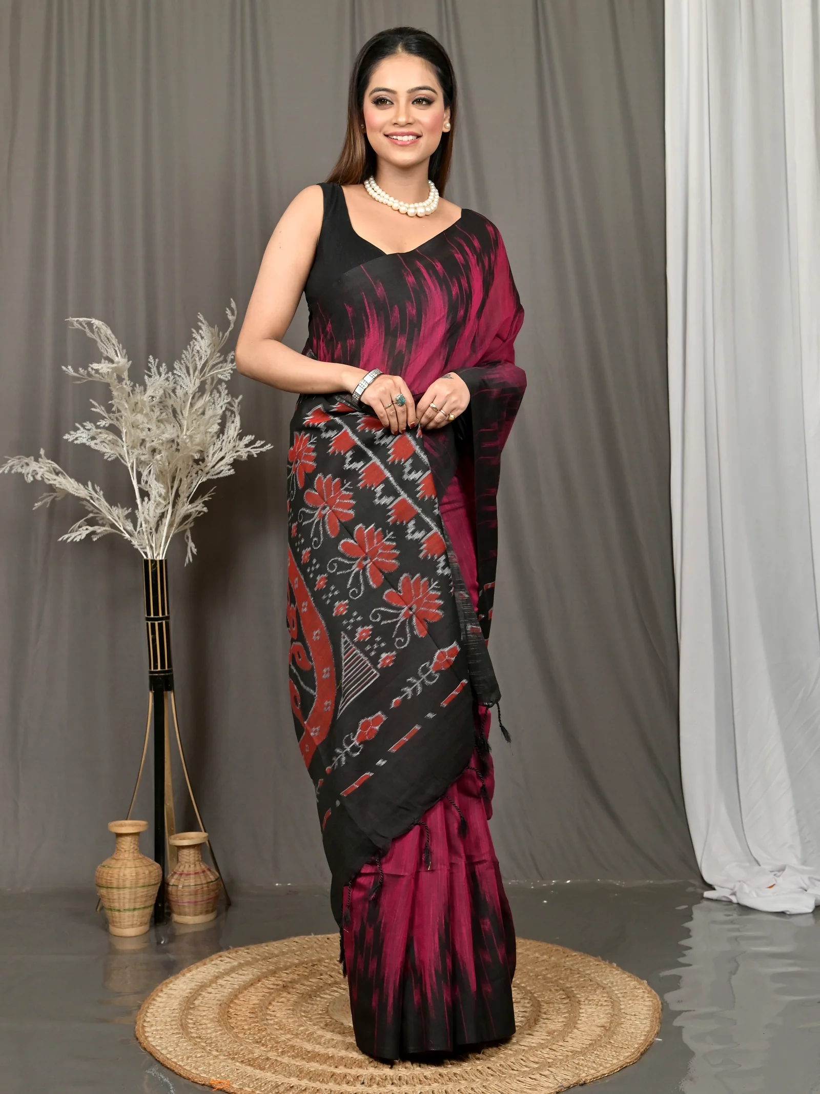 Maroon Black Cotton Soupur Kotki Saree  (106)