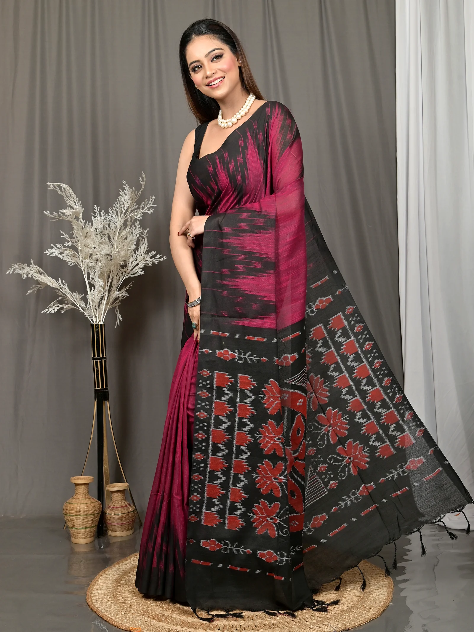 Maroon Black Cotton Soupur Kotki Saree  (106)