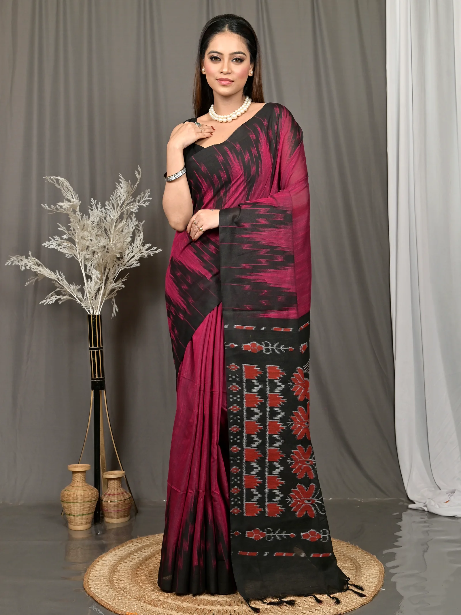 Maroon Black Cotton Soupur Kotki Saree  (106)