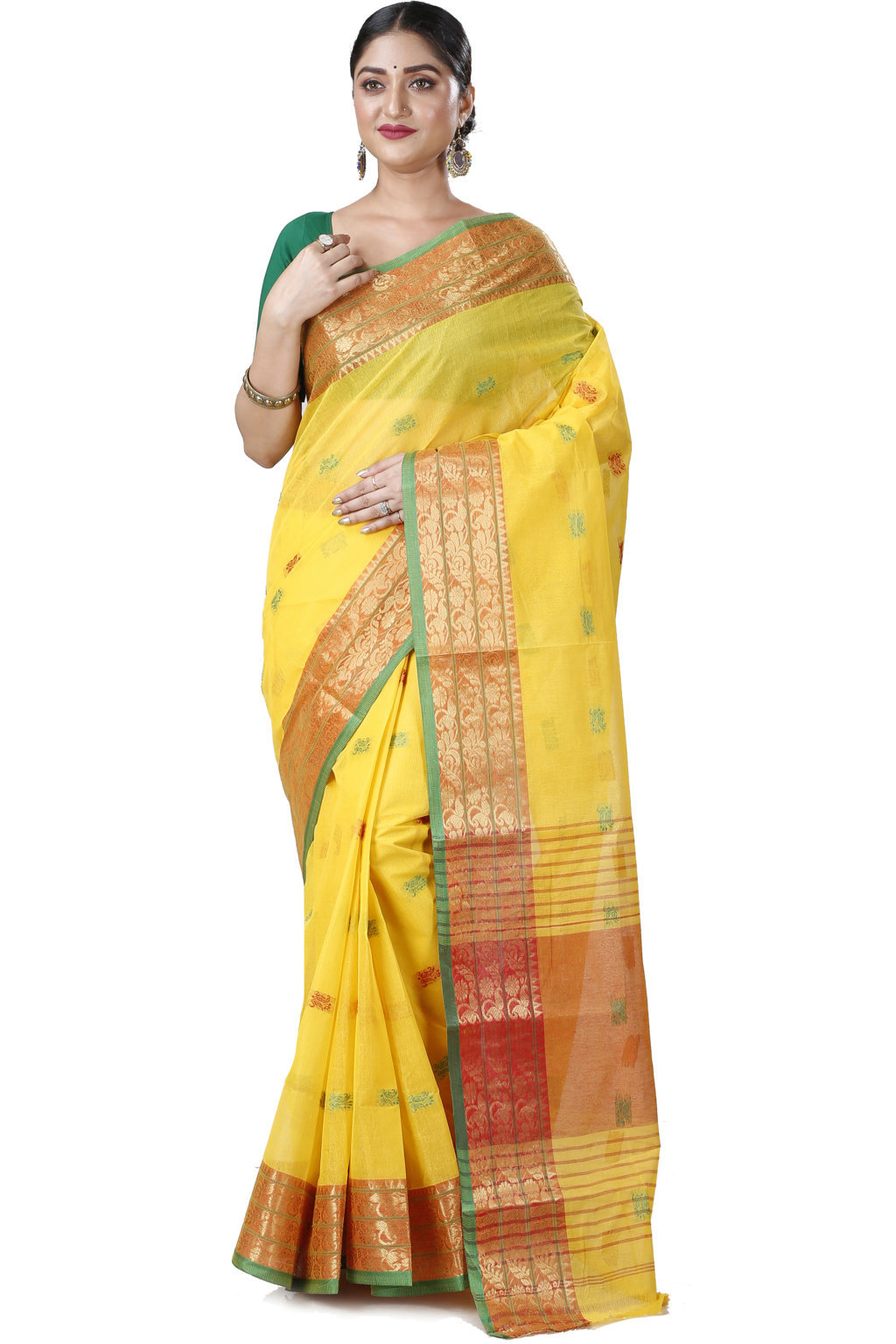 Yellow Pure Cotton Manjuri Tant Saree (1068)