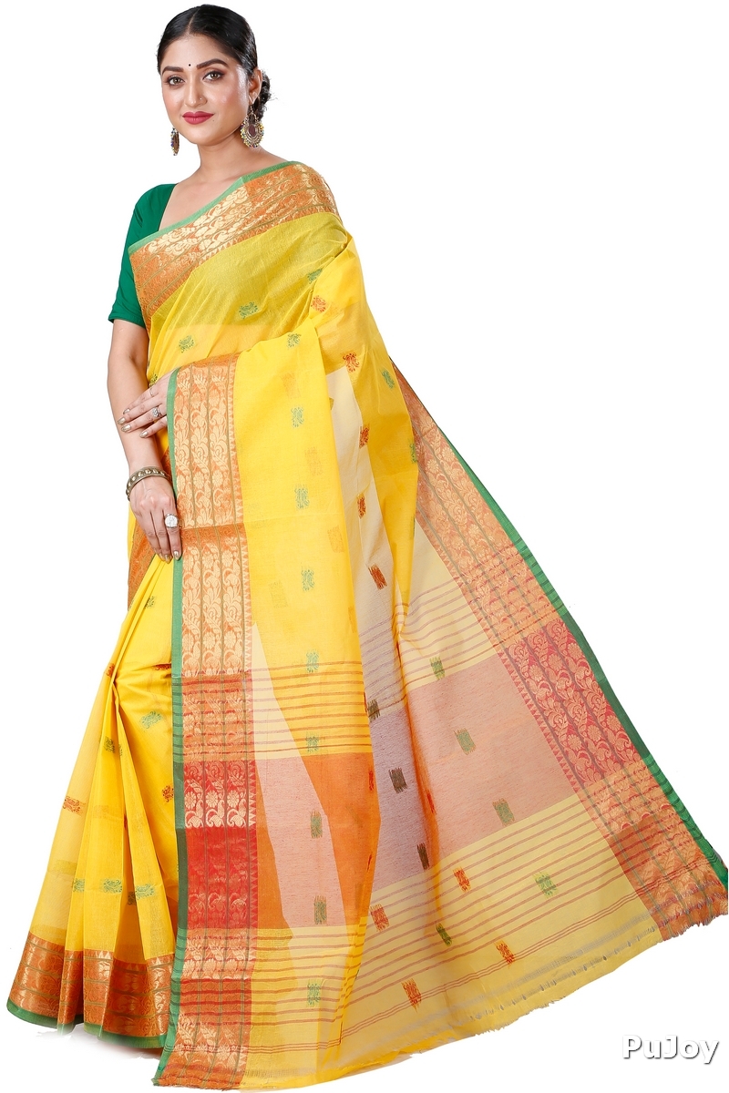 Yellow Pure Cotton Manjuri Tant Saree (1068)