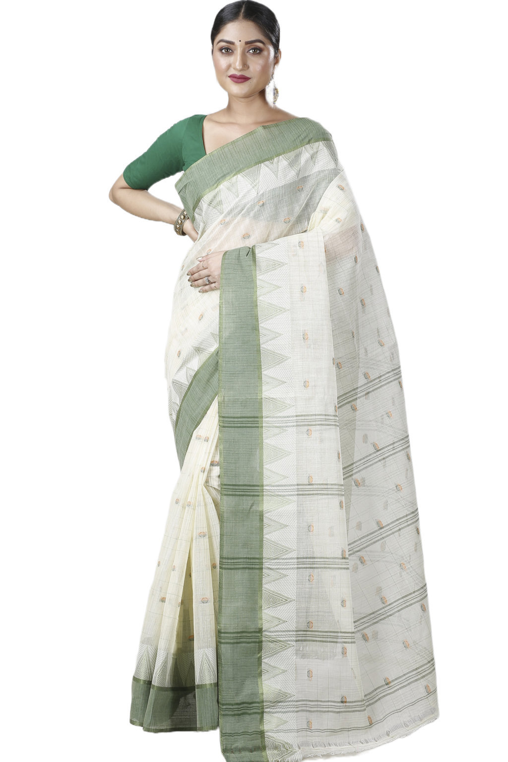 Green Pure Cotton Ishvari Tant Saree (1081)