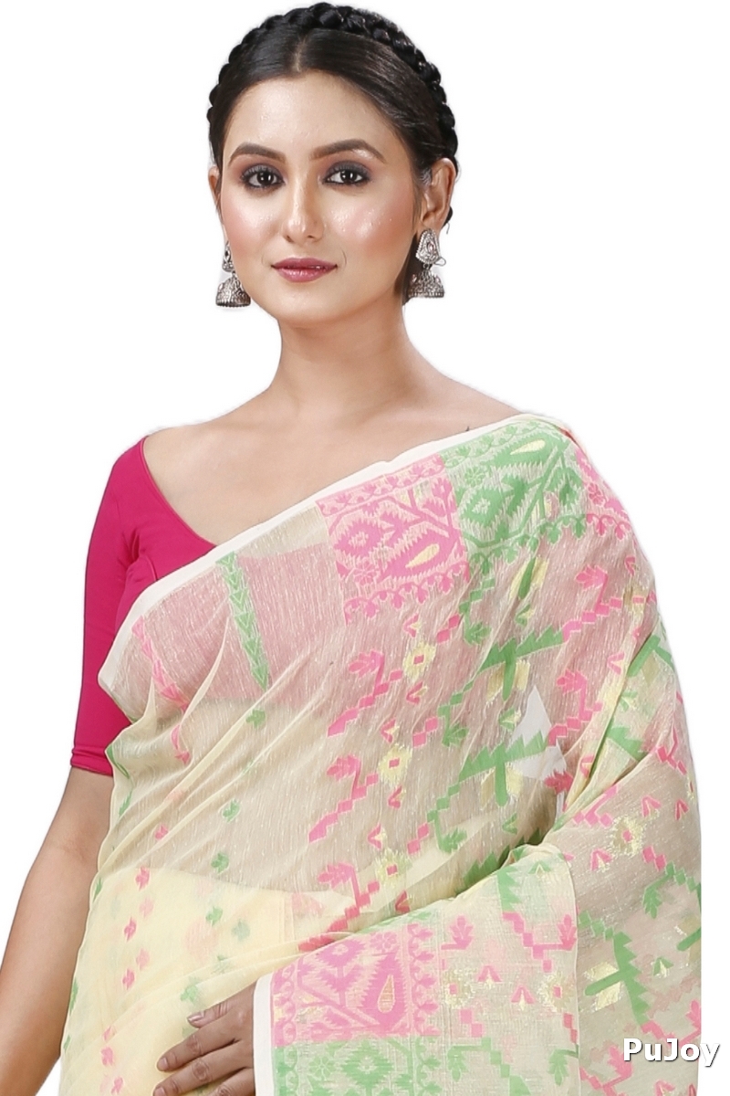 Off White Blended Cotton Jaya Jamdani Saree (1102)