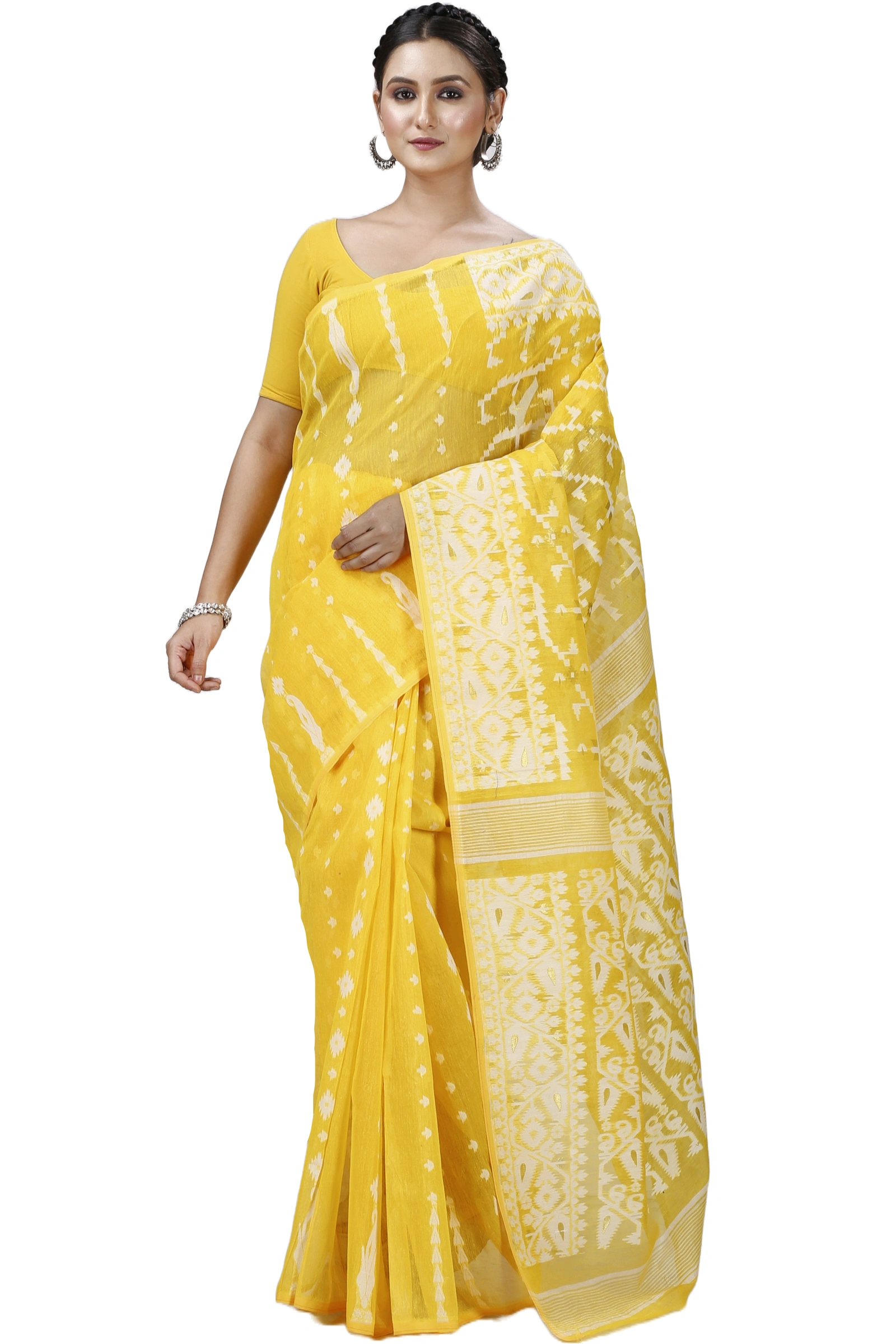 Yellow Blended Cotton Jaya Jamdani Saree (1103)