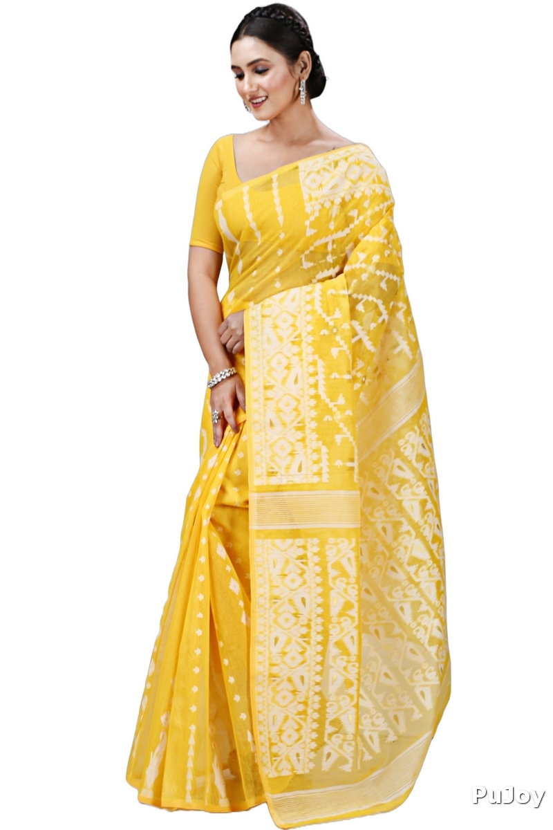 Yellow Blended Cotton Jaya Jamdani Saree (1103)