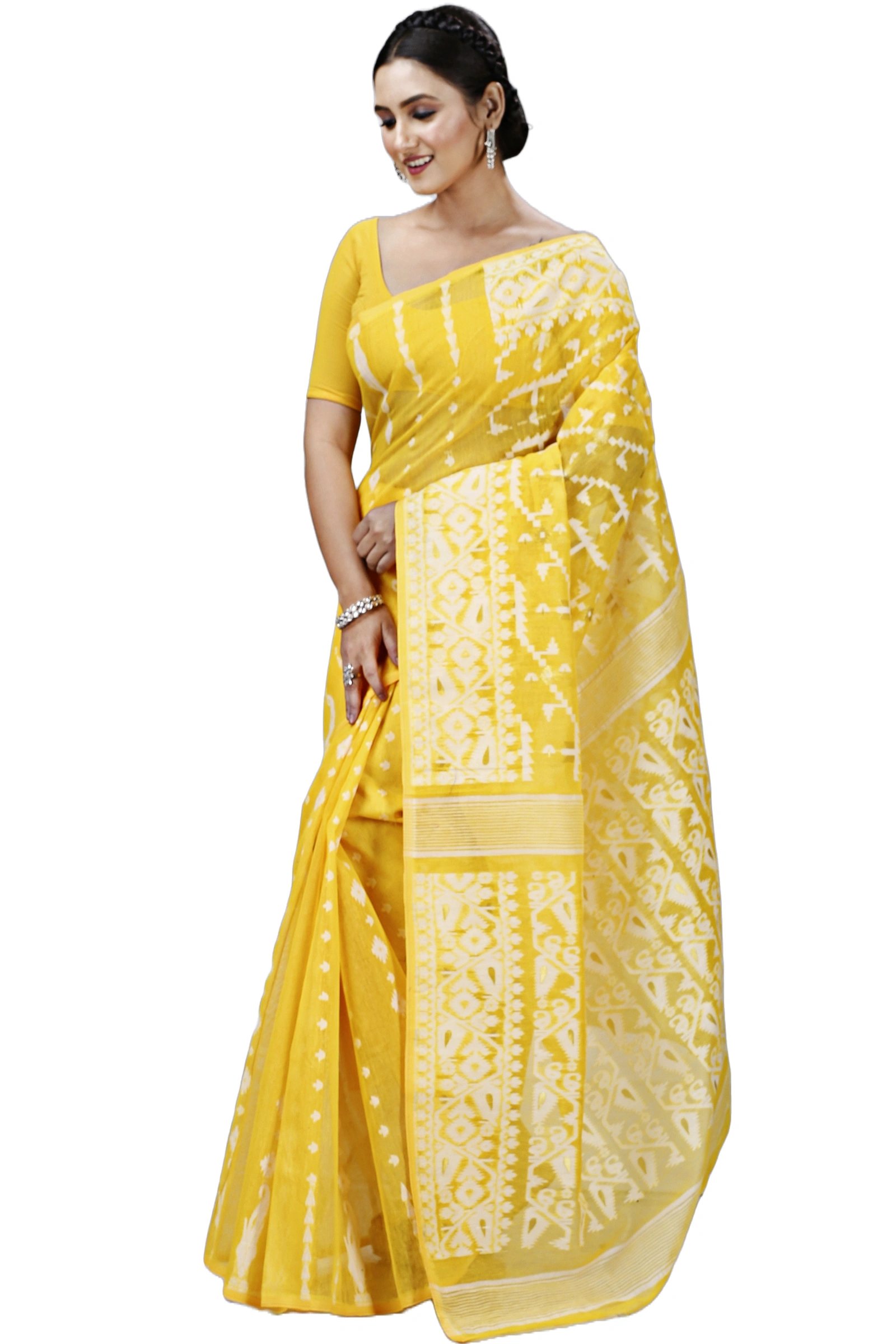 Yellow Blended Cotton Jaya Jamdani Saree (1103)