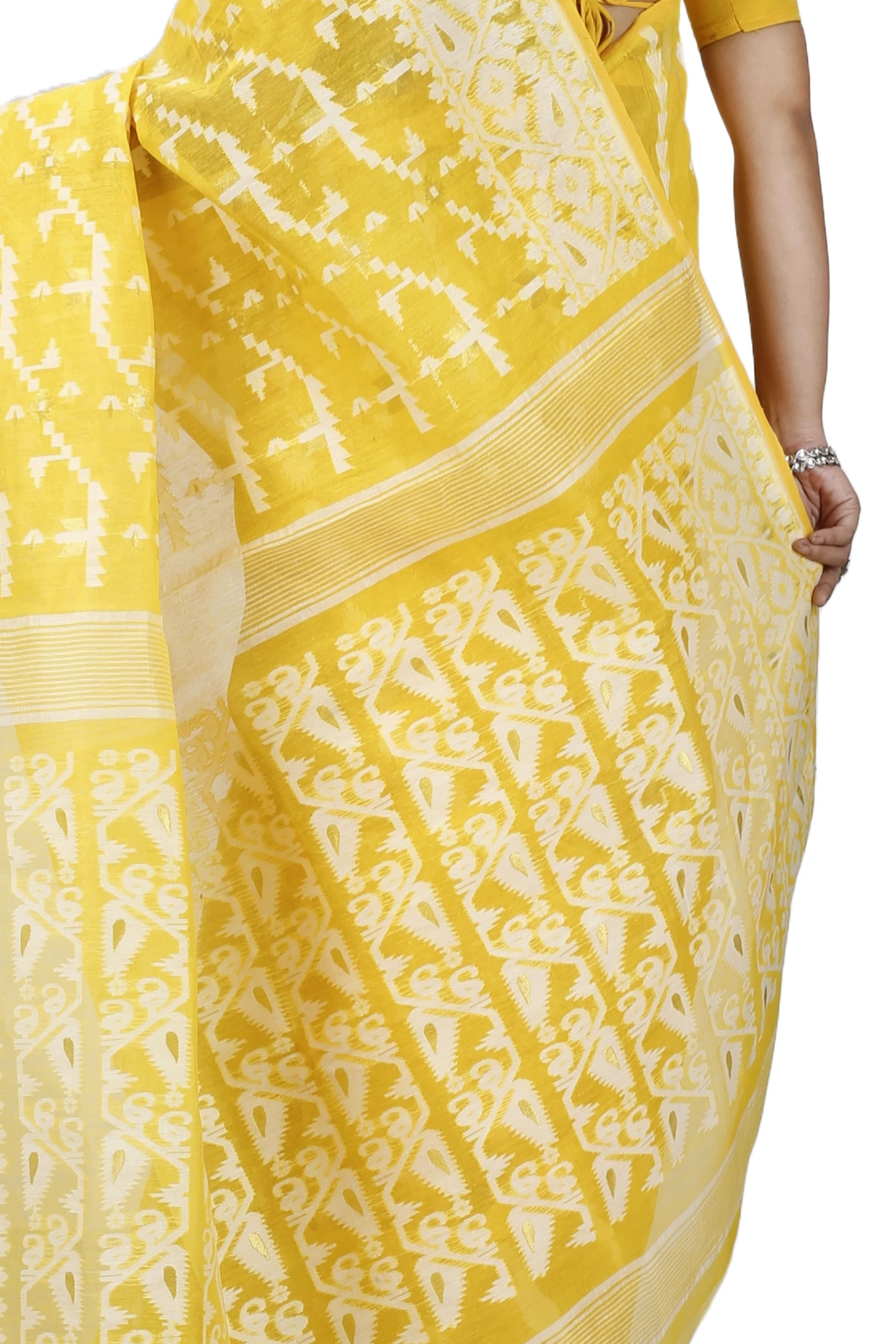Yellow Blended Cotton Jaya Jamdani Saree (1103)