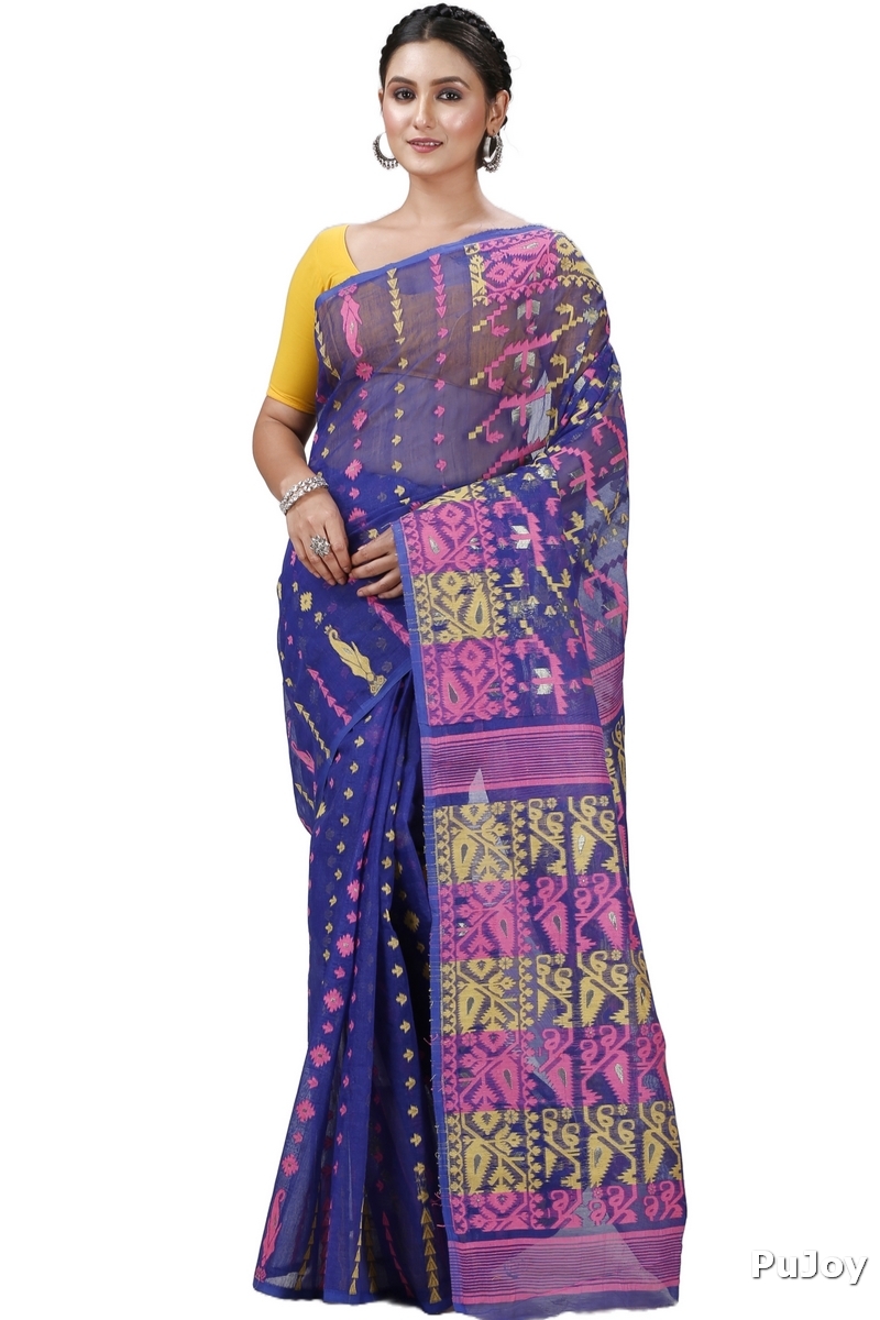 Blue Blended Cotton Jaya Jamdani Saree (1104)
