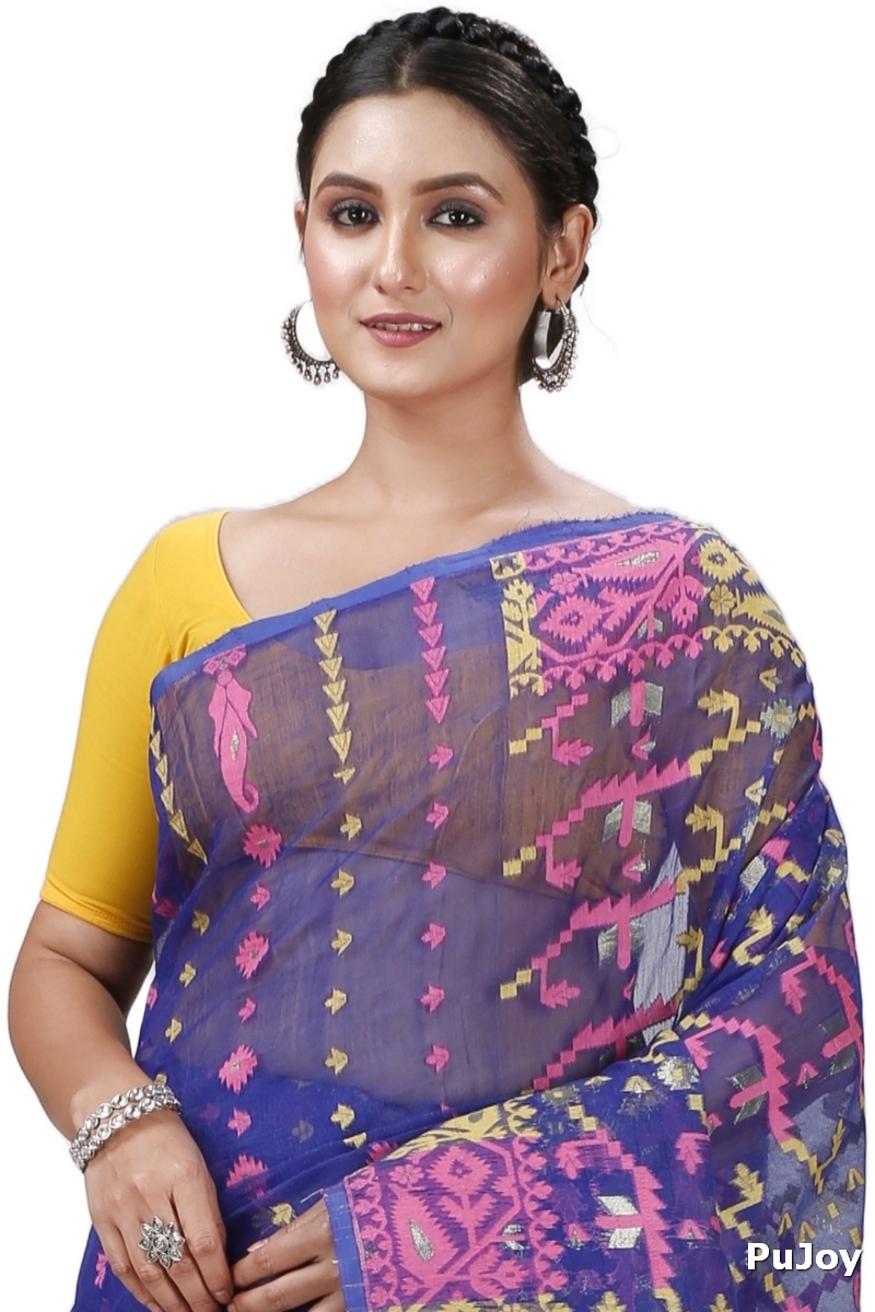 Blue Blended Cotton Jaya Jamdani Saree (1104)
