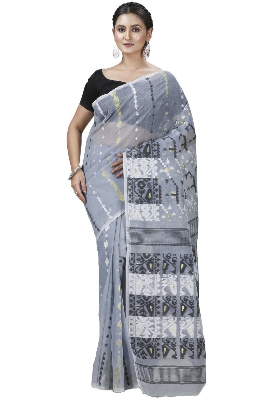 Grey Blended Cotton Jaya Jamdani Saree (1105)