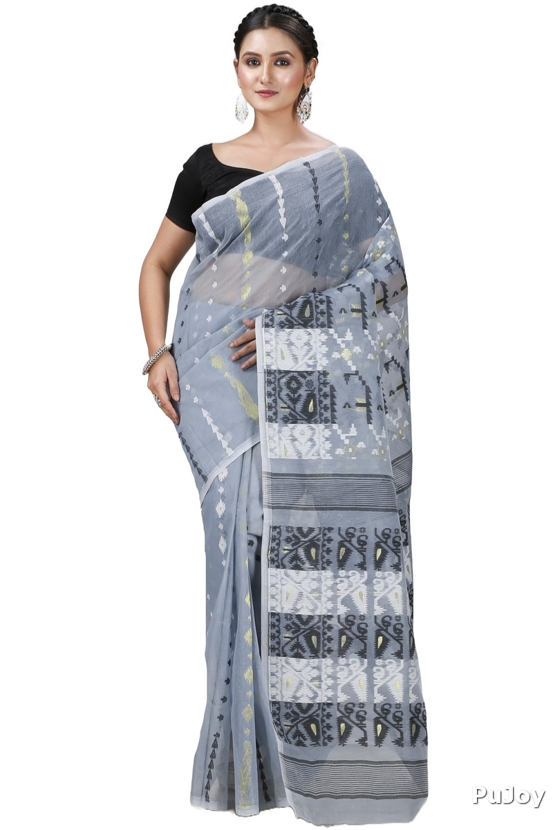 Grey Blended Cotton Jaya Jamdani Saree (1105)
