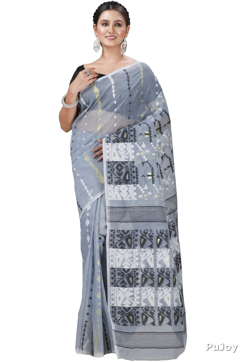 Grey Blended Cotton Jaya Jamdani Saree (1105)
