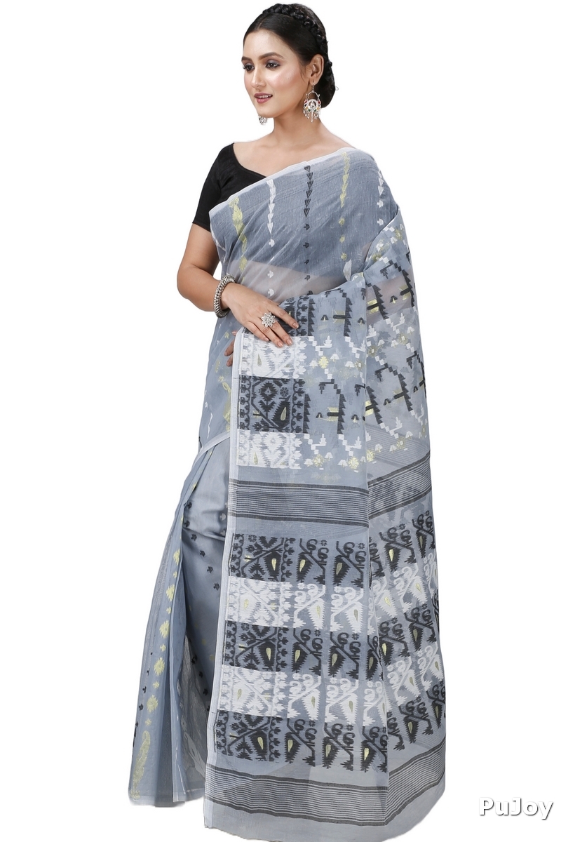 Grey Blended Cotton Jaya Jamdani Saree (1105)