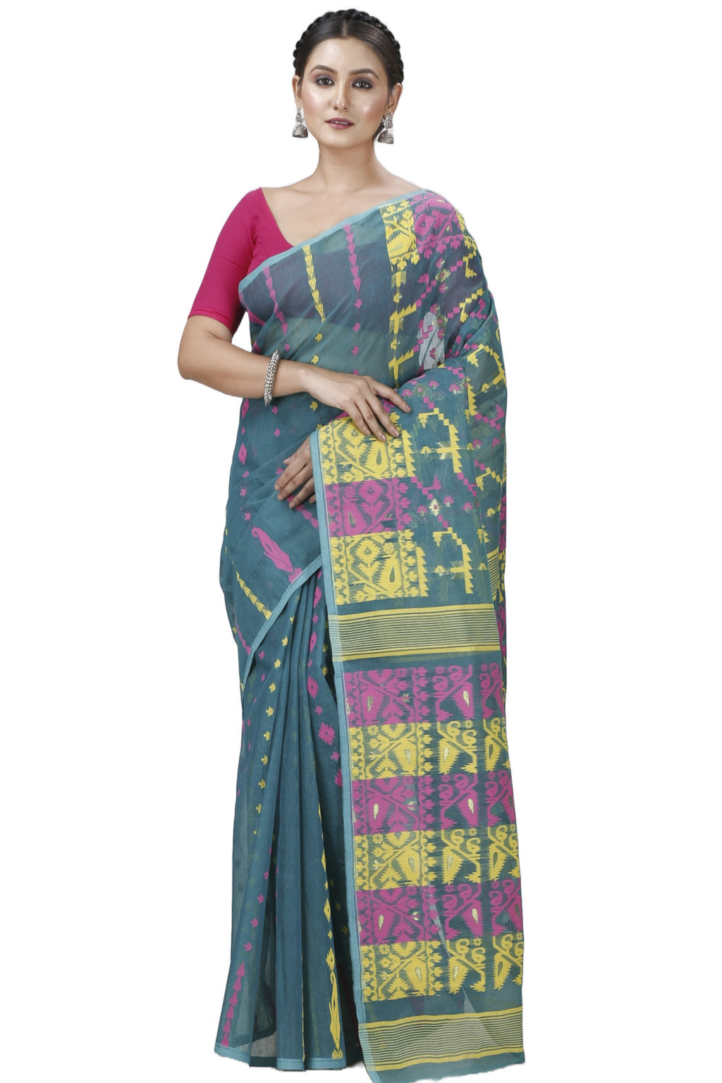 Green Blended Cotton Jaya Jamdani Saree (1106)