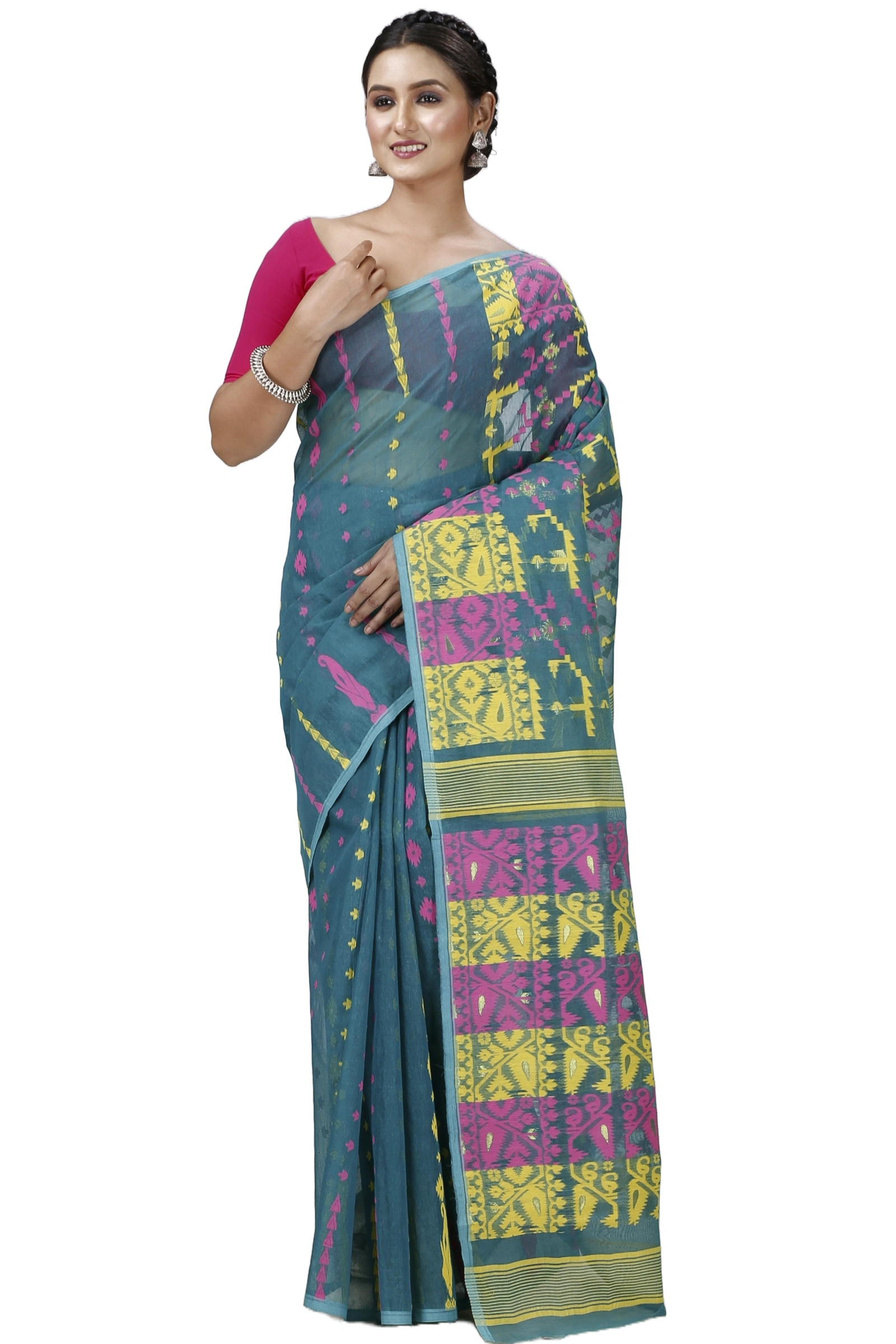Green Blended Cotton Jaya Jamdani Saree (1106)