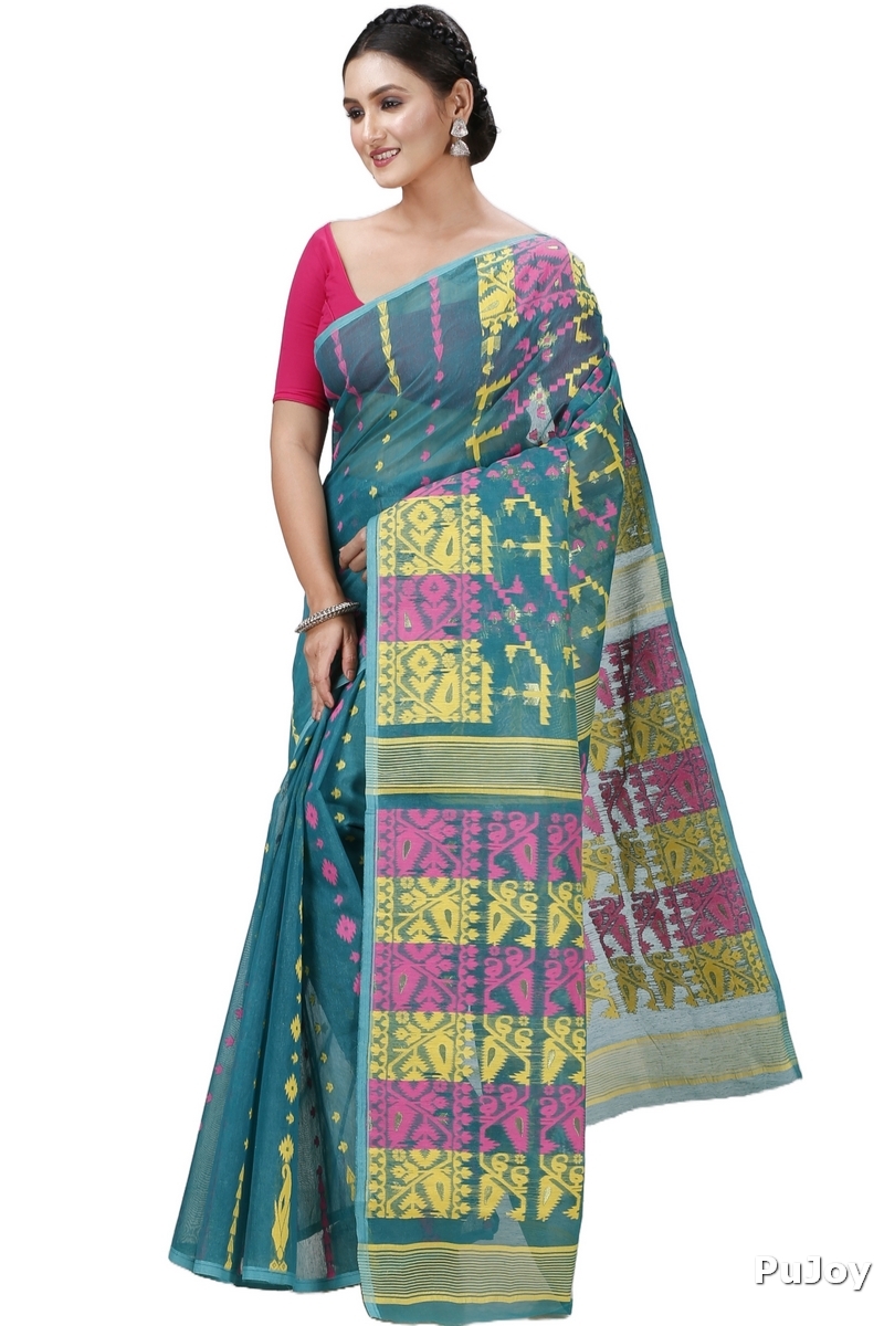Green Blended Cotton Jaya Jamdani Saree (1106)