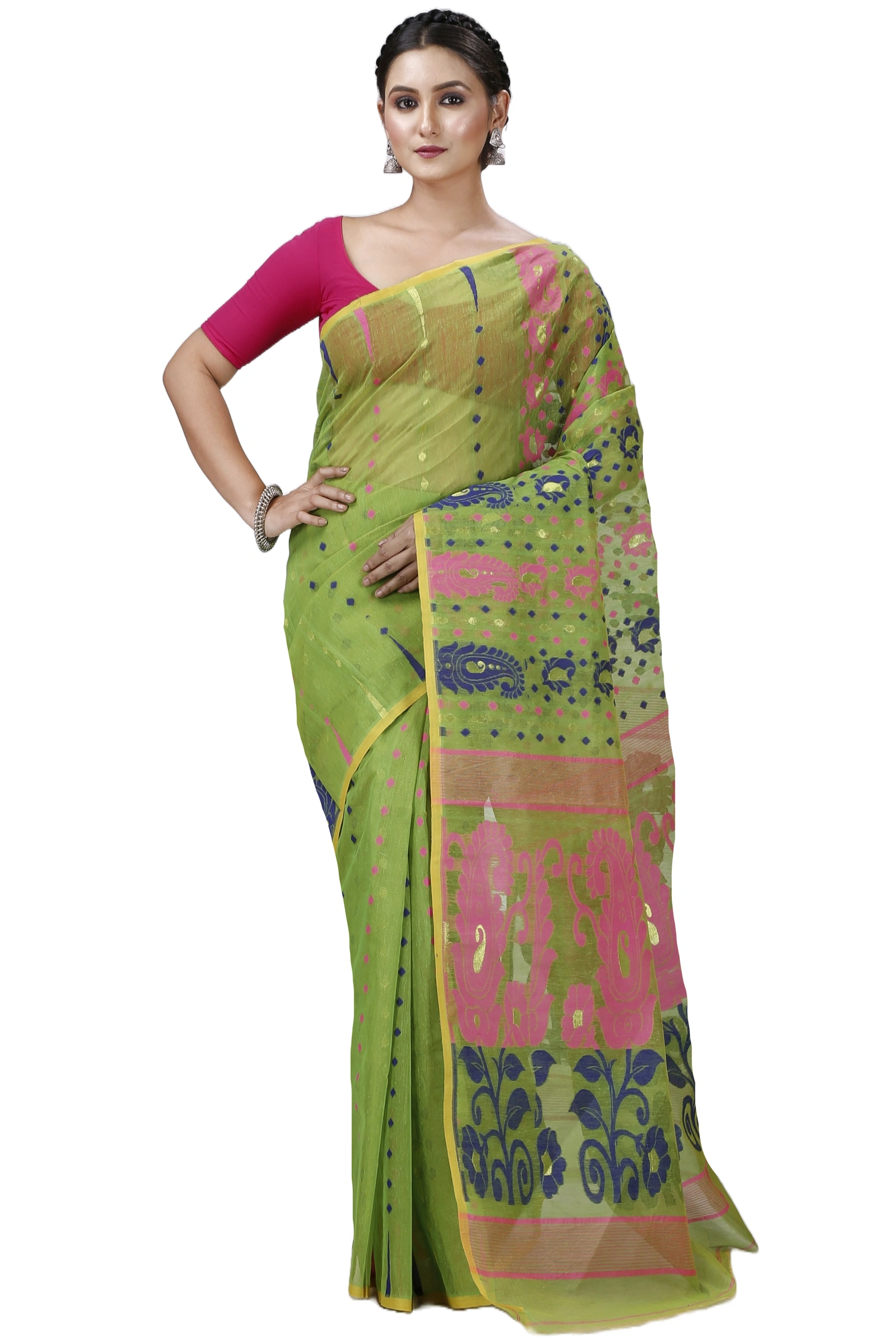 Green Pure Cotton Vani Jamdani Saree (1107)