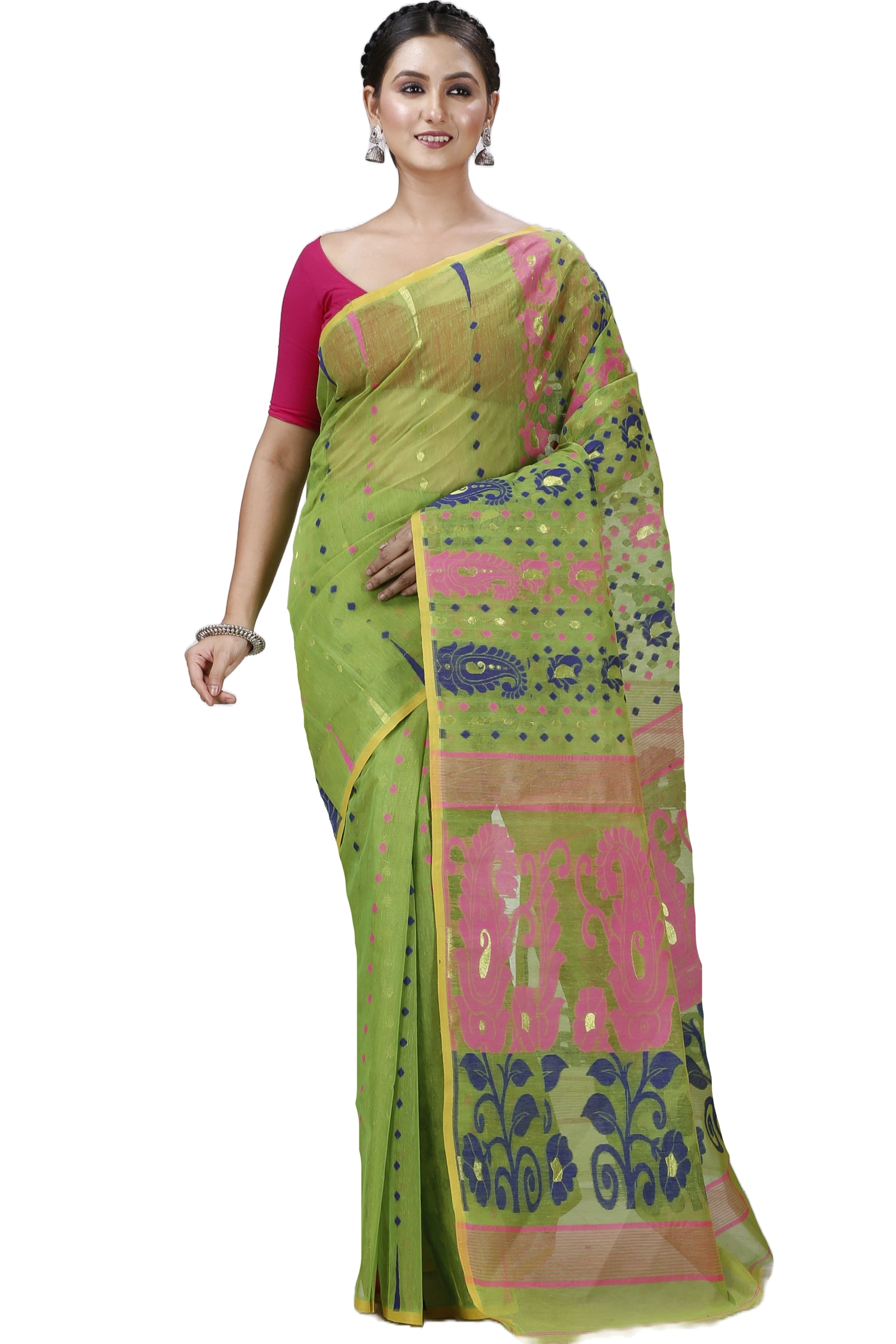 Green Pure Cotton Vani Jamdani Saree (1107)