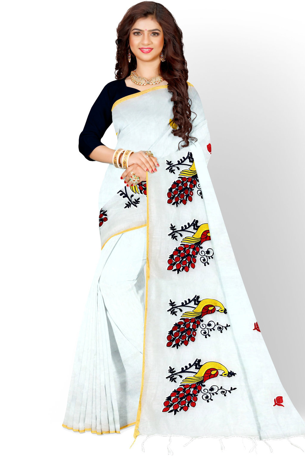 White Blended Cotton Mayuri Hand Hand Loom Saree (1115)