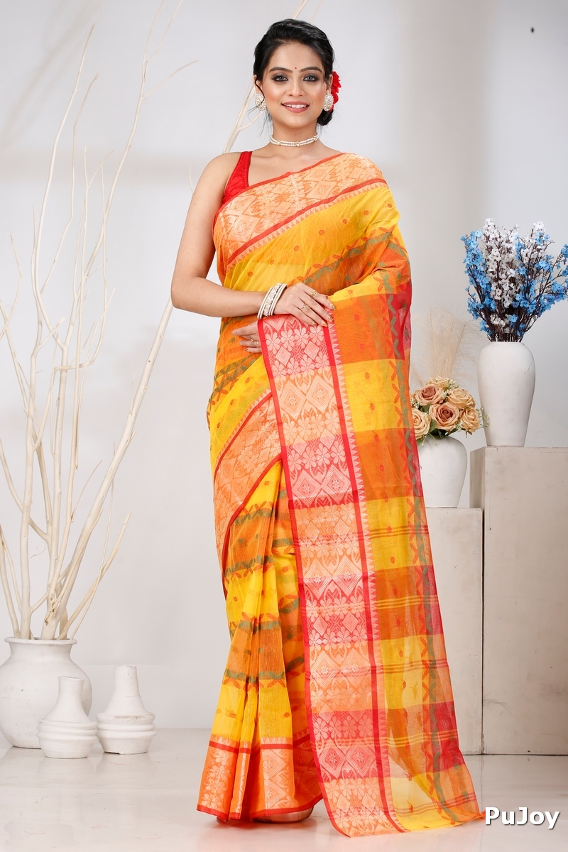 Yellow Red Pure Cotton SonaJhuri Desiging Tant Saree (112)