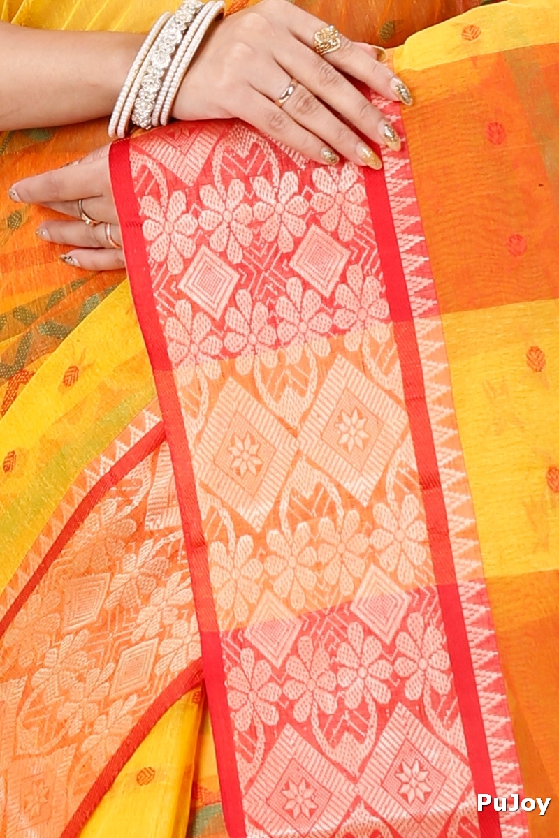 Yellow Red Pure Cotton SonaJhuri Desiging Tant Saree (112)