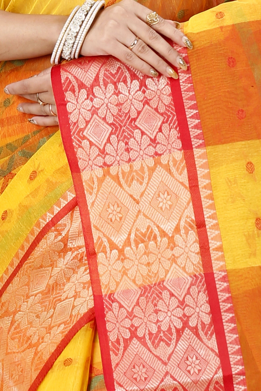 Yellow Red Pure Cotton SonaJhuri Desiging Tant Saree (112)