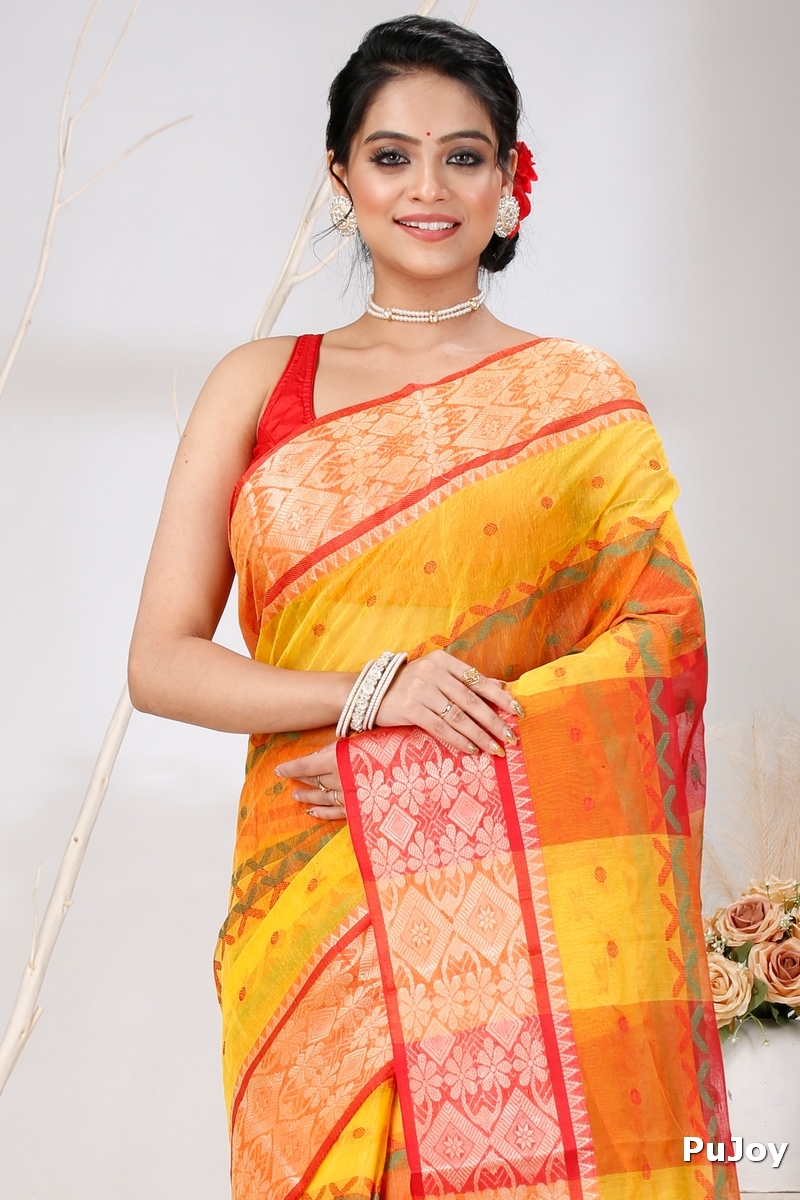 Yellow Red Pure Cotton SonaJhuri Desiging Tant Saree (112)
