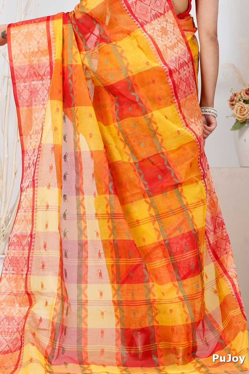 Yellow Red Pure Cotton SonaJhuri Desiging Tant Saree (112)