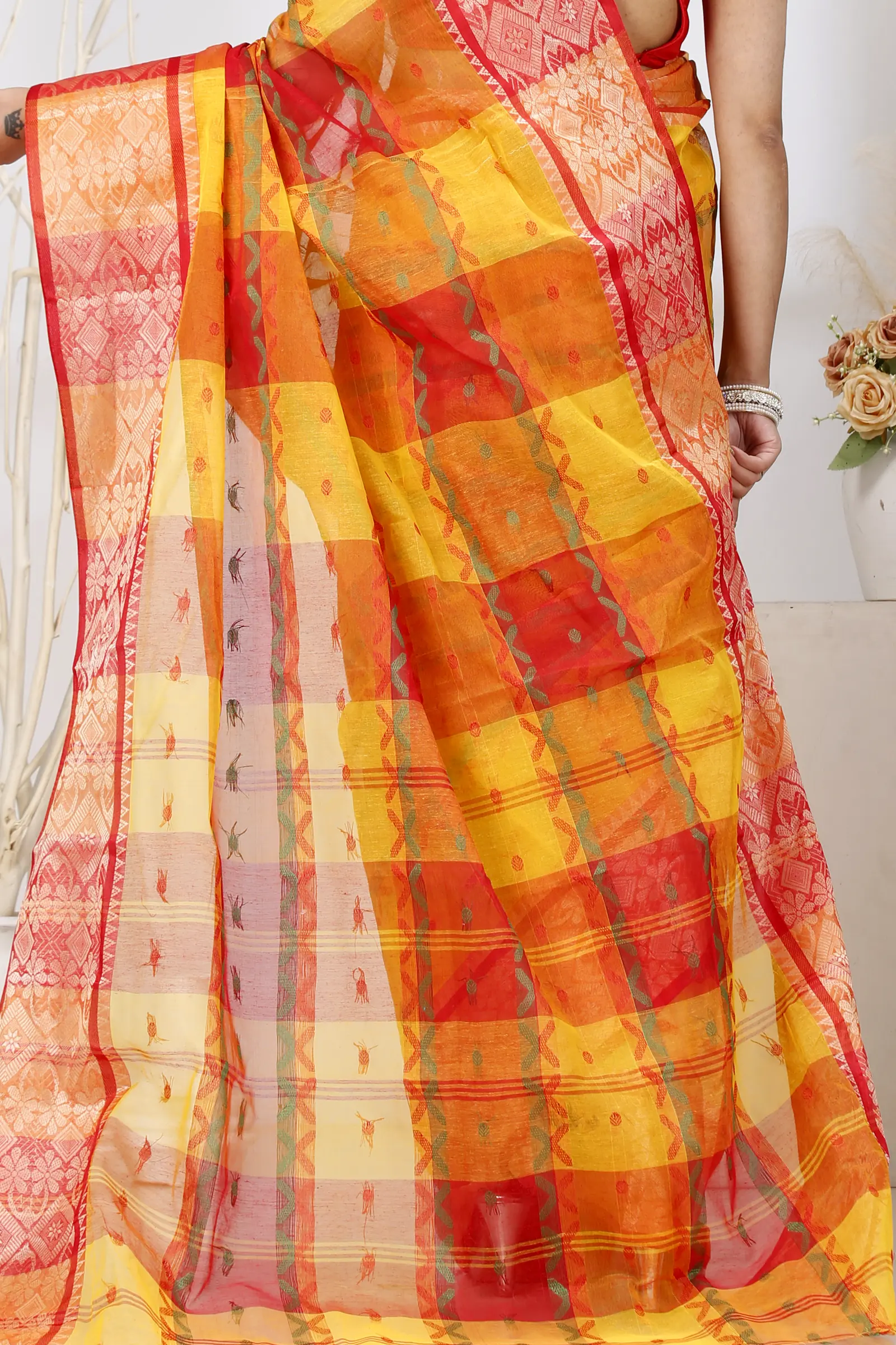 Yellow Red Pure Cotton SonaJhuri Desiging Tant Saree (112)