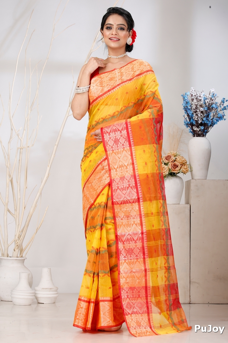 Yellow Red Pure Cotton SonaJhuri Desiging Tant Saree (112)