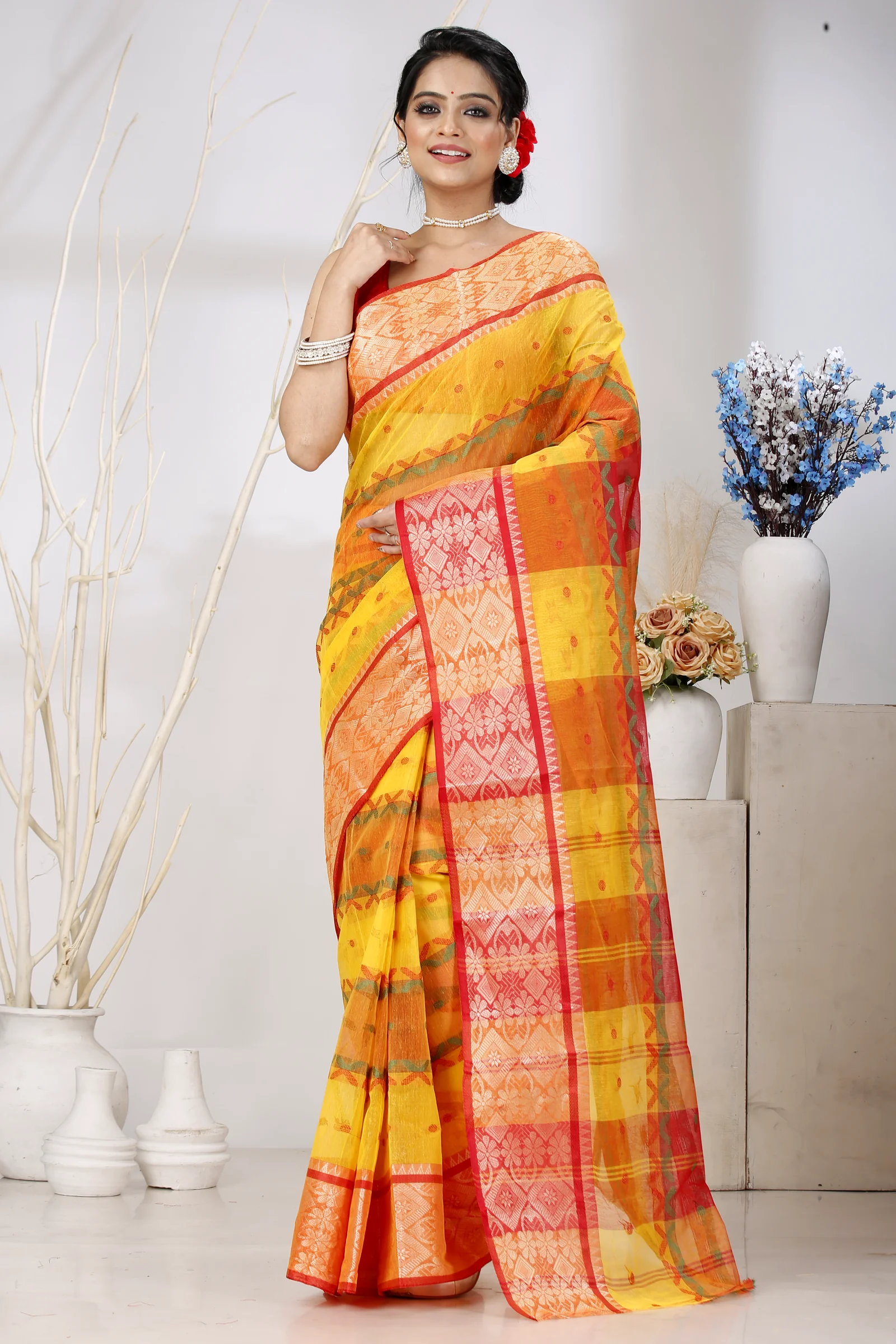 Yellow Red Pure Cotton SonaJhuri Desiging Tant Saree (112)