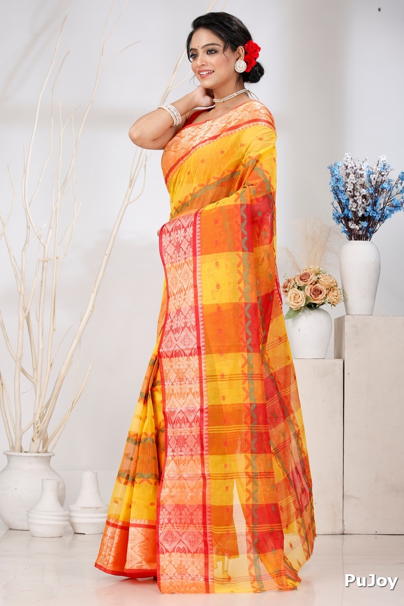 Yellow Red Pure Cotton SonaJhuri Desiging Tant Saree (112)