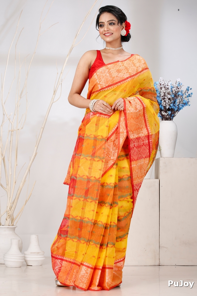 Yellow Red Pure Cotton SonaJhuri Desiging Tant Saree (112)