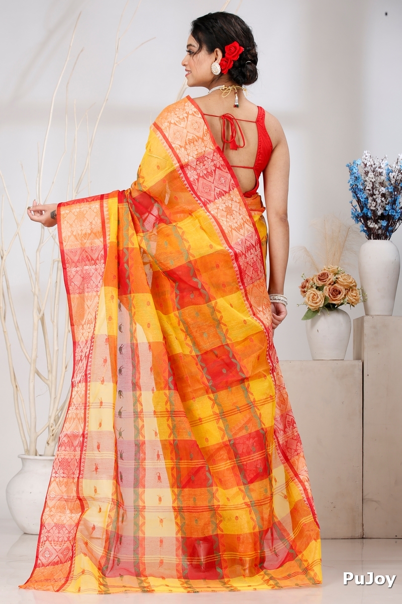 Yellow Red Pure Cotton SonaJhuri Desiging Tant Saree (112)