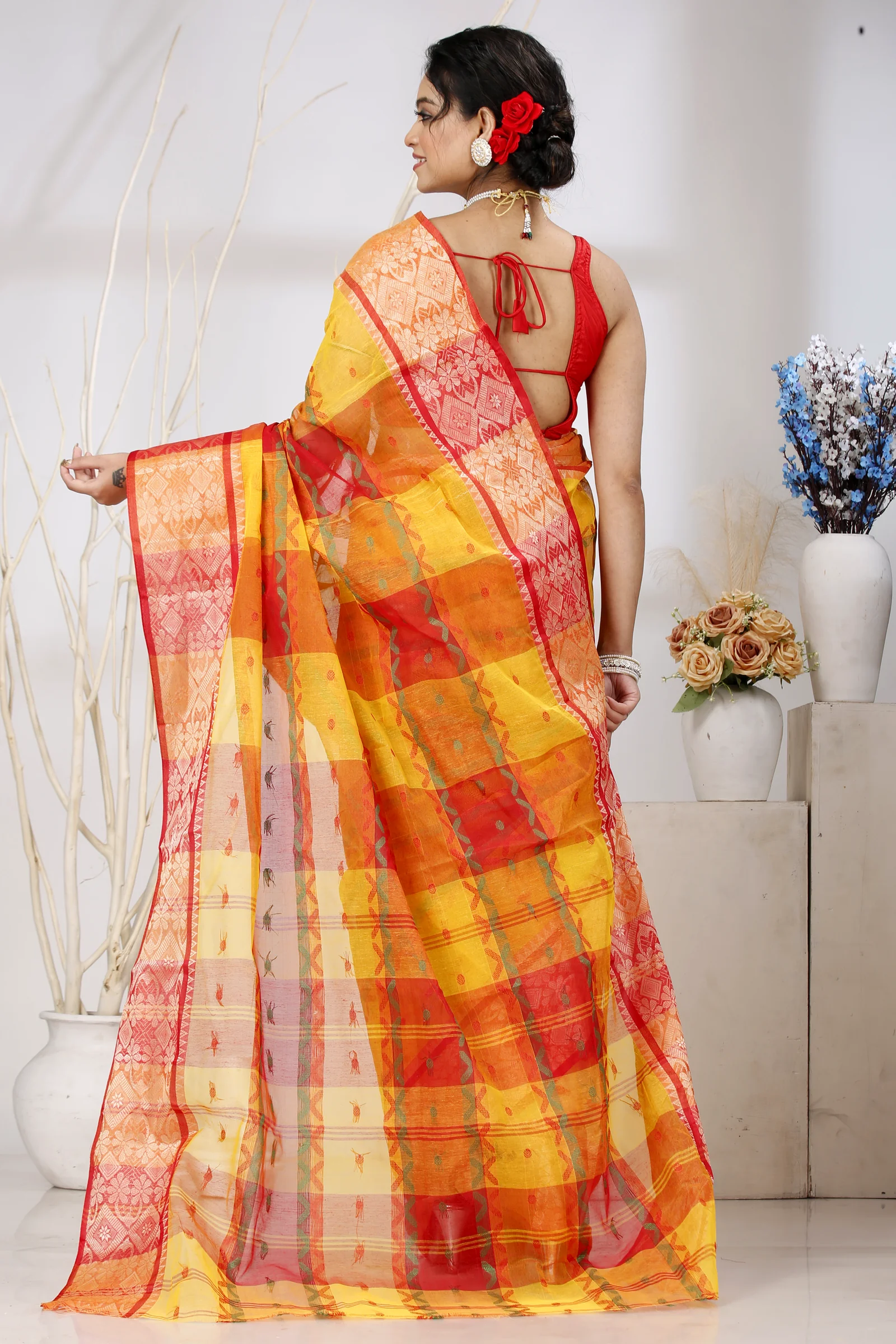 Yellow Red Pure Cotton SonaJhuri Desiging Tant Saree (112)