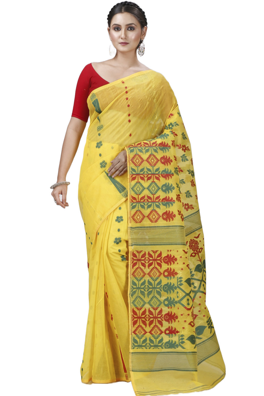 Yellow Pure Cotton Urmila Jamdani Saree (1121)