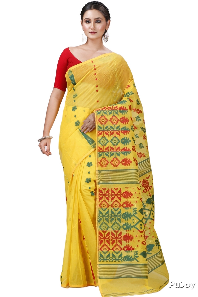 Yellow Pure Cotton Urmila Jamdani Saree (1121)