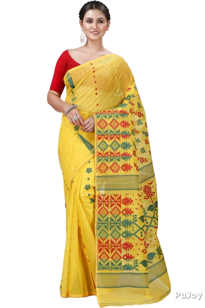Yellow Pure Cotton Urmila Jamdani Saree (1121)