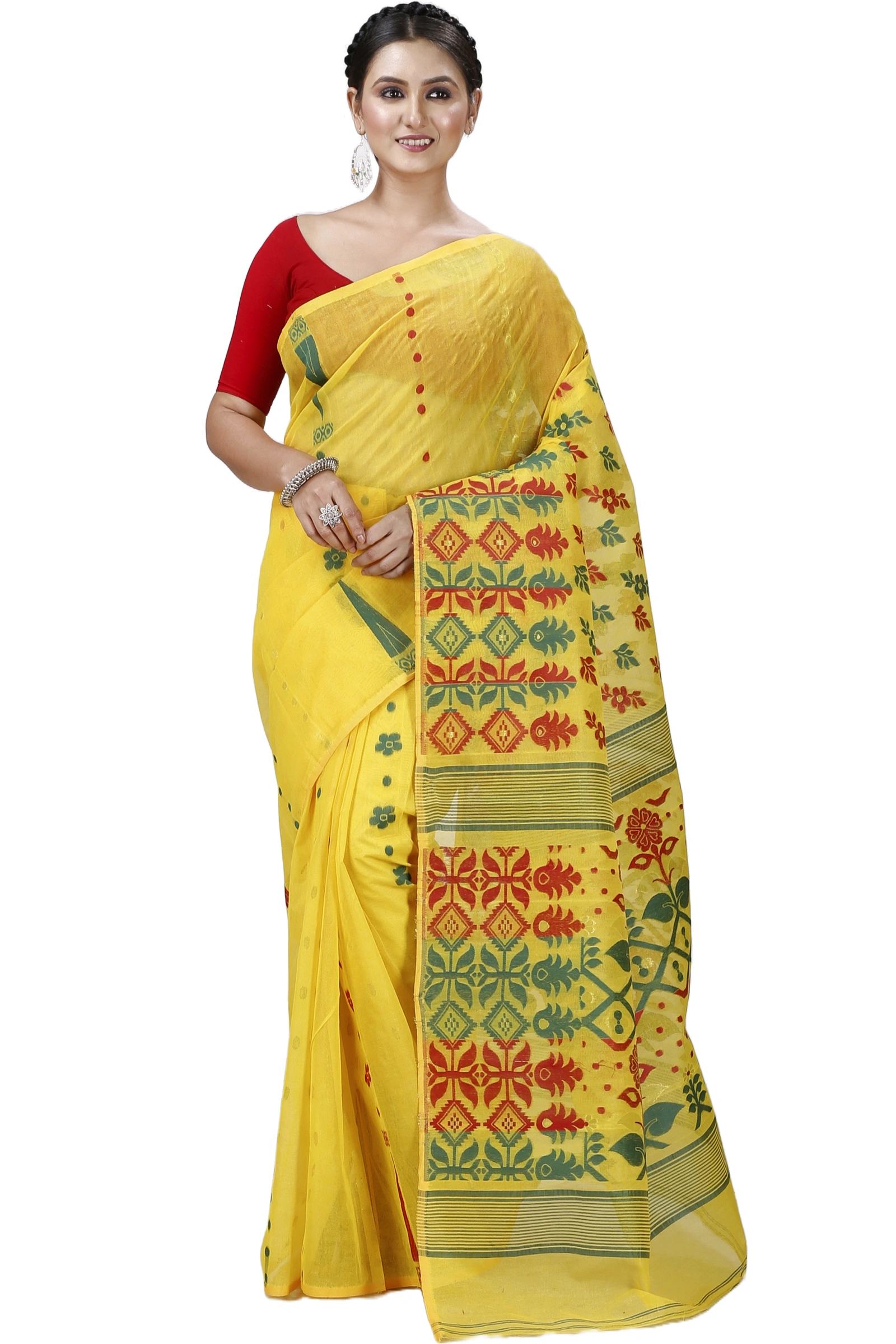 Yellow Pure Cotton Urmila Jamdani Saree (1121)