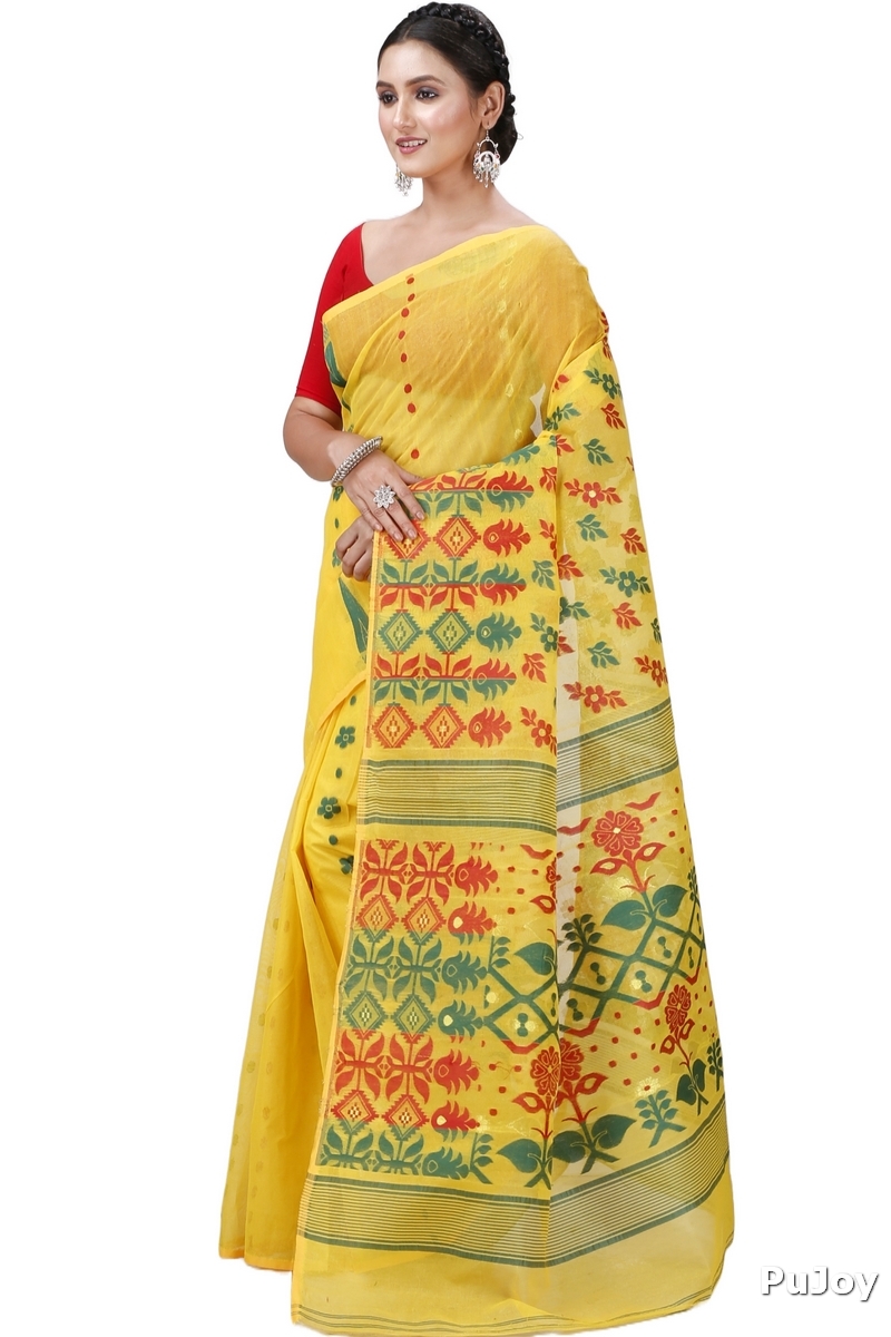 Yellow Pure Cotton Urmila Jamdani Saree (1121)