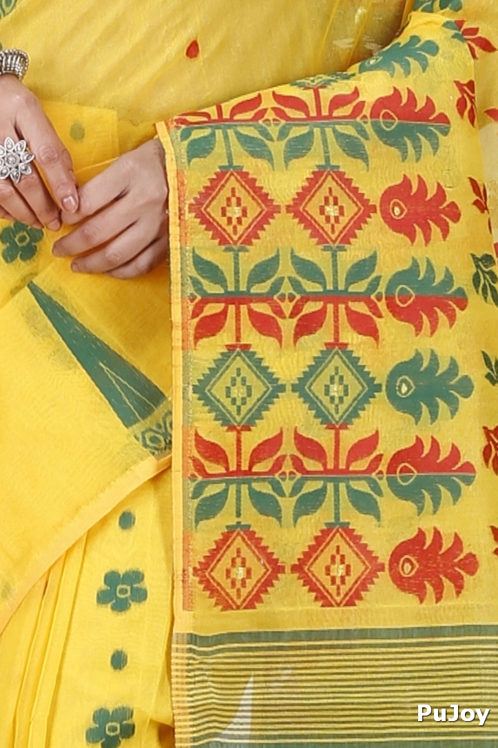 Yellow Pure Cotton Urmila Jamdani Saree (1121)