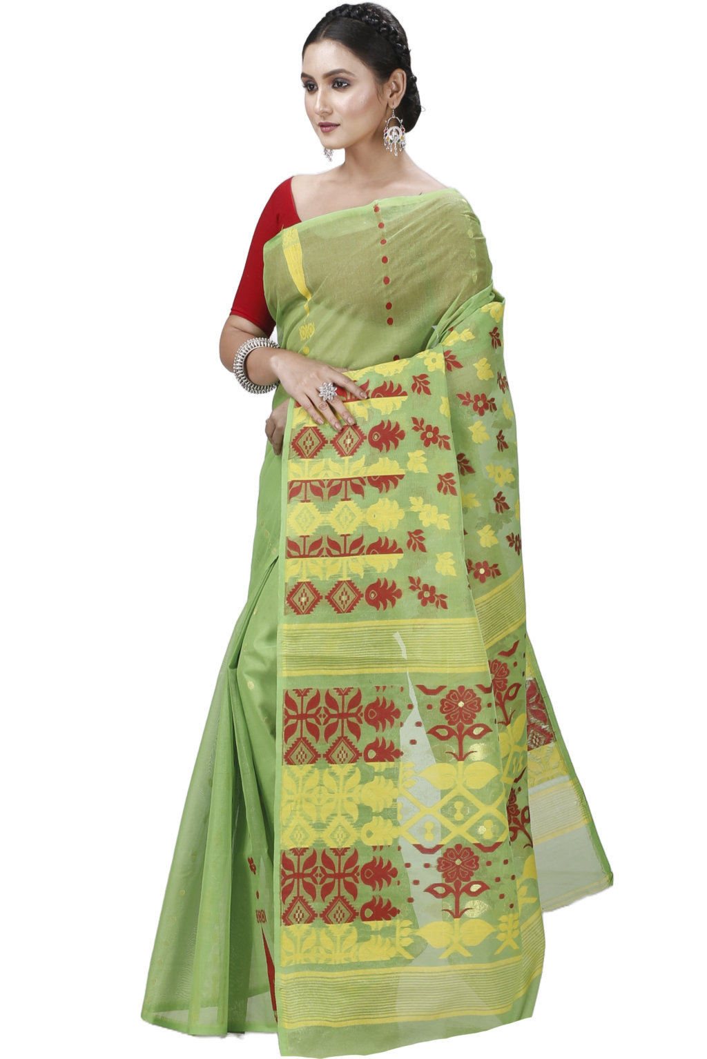 Green Pure Cotton Urmila Jamdani Saree (1122)