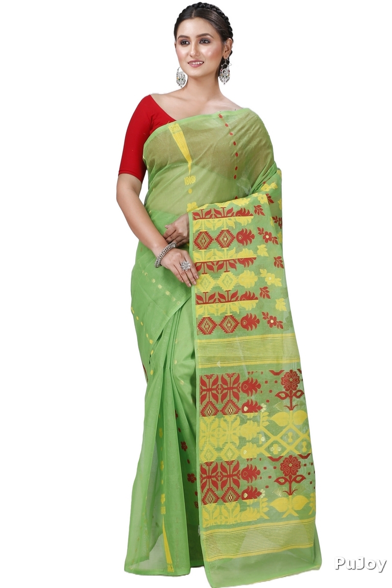 Green Pure Cotton Urmila Jamdani Saree (1122)